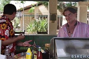 Busty milf's feet get worshipped before she gets throated and swallows cum