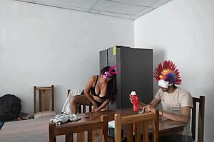 latina milf maid gropes her natural tits and flirts with dildo while feeding blind man 😏