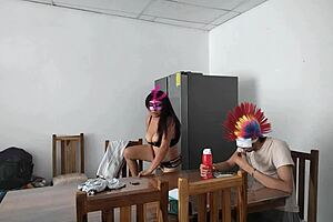 latina milf maid gropes her natural tits and flirts with dildo while feeding blind man 😏