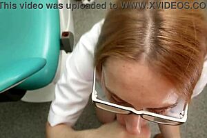 Glasses-wearing dentist kneels to suck monster cock and swallows cumshot