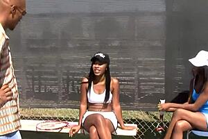 are two black milfs fucking in threesome?