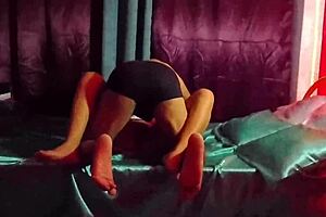 Skinny Brunette in Sexy Christmas Dress Spreads Legs in Bedroom Roleplay