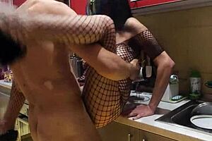 milf wife in stockings gets assfucked and anal in kitchen after kissing. amateurs homemade sex