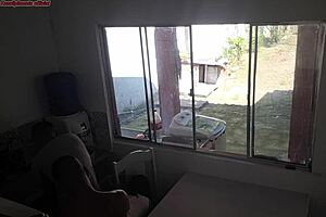 The husband with hearing issues washes dishes while his wife secretly fucks the black guy in the kitchen