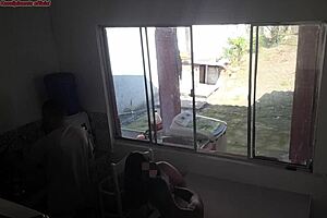 The husband with hearing issues washes dishes while his wife secretly fucks the black guy in the kitchen