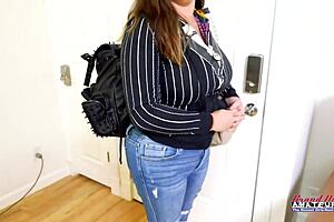 Big Titted Brunette Celeste Rubs Pussy and Deepthroats Cock