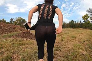 Big ass housewife flashing on motorcycle ride outdoors