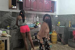 Horny housewives touch big tits and ass while preparing lunch 😏