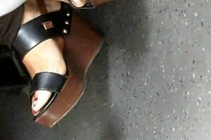 Mature Feet In Candid Wedges And Sandals.