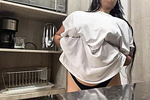 Wow, check out this juicy solo session in the hotel kitchen!