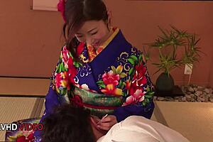 Ayumi Shinoda, a seductive Japanese MILF in kimono, pleasures with fingering, blowjob, and masturbation.