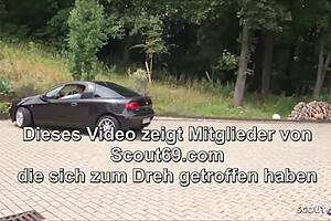 German redhead red storm passionately in outdoor threesome