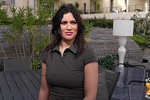 Laury the hot brunette gets pounded by two studs hard!