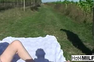 Brunette milf receives cumshot on her glasses after blowjob