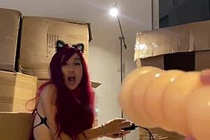 Red haired teen 18+ beauty strips in bathroom and prepares sex machine with dildo