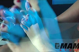 Milf seduces friend with feet in sheer stockings.