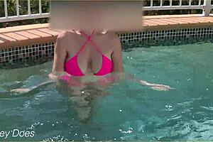 Wife Public Exhibitionist Tit Flash in Hotel Pool