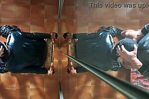 Blindfolded Latina MILF gives blowjob with gagging and cum in mouth