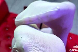 goddess big booty and foot tease in white stockings on the red couch