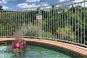 Wife Public Exhibitionist Tit Flash in Hotel Pool