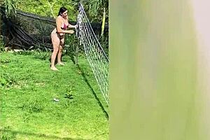 horny milf gives deepthroat blowjob to big black cock outdoors. latina young 18+ bends over for rough spooning pussy action.