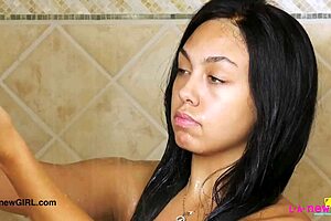 amazing brunette with sexy body took a shower in the bathroom