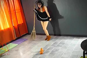 Regina Noir as Velma Dinkley witch in old house stairway
