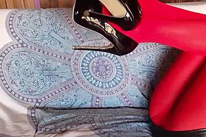 the milf with beautiful legs red pantyhose and black heels