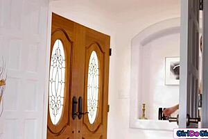 Why does the teen lick her tutor's hairy pussy under the table?