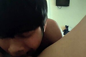 woman views thai sweaty guy pleasuring her intensely in bedroom with brunette homemade tits