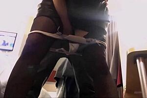 white slut in satin dress and stockings gets rimmed doggy style