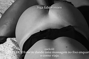 hotwife massages the big black cock while her cuckold is away