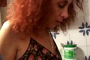 milf in stockings sucks cock to horny husband with masturbation and blowjob