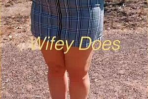 milf flashes shaved pussy outdoors