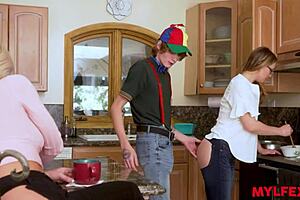 Spoiled Boy Pleases Hot Mom And Step-Aunt In Kitchen