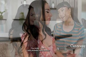 little 18+ babe swaps phones while swaying her cunt in lesbian fun