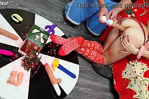 two thrusting dildos destroy young wife's tight pussy