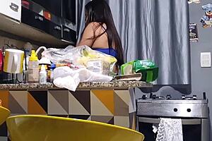 neighbor catches milf with big pussy in kitchen blowjob on monster cock