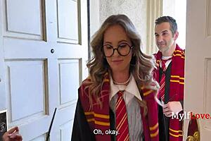 Skinny milf in costume says, 'I love elder wands in this Potter parody.'