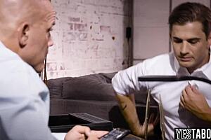 Mature stud rails milf secretary doggystyle in front of stepson.