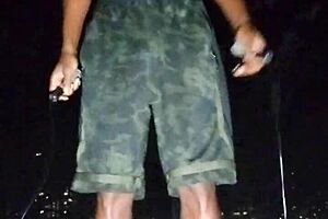 Park interview with mature woman during photoshoot