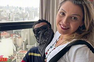 Married MILF fulfills fantasy of fucking two strangers while husband watches as cuckold.