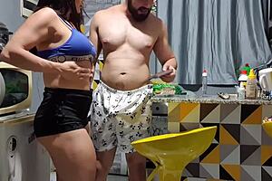 neighbor catches milf with big pussy in kitchen blowjob on monster cock