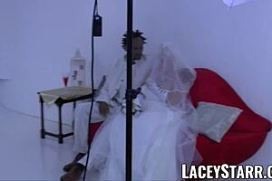 Laceystarr, the granny bride, bends over for BBC pounding and cum in mouth.