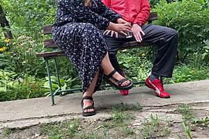 Hot Milf Jerks Off A Big Dick Into A Glass In The Park On A Bench