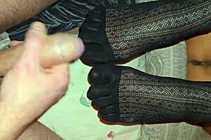 stepmom fucks with five fingers in socks, close up on big ass.
