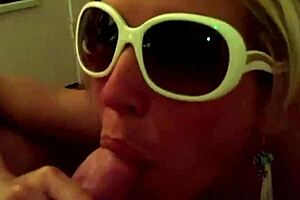 hey, this hot blonde slut in glasses is draining my dick of jizz?