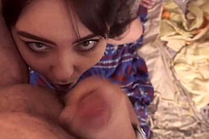 Curvy milf gives wet blowjob POV, cum covering her huge tits