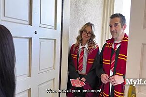 Horny milf in potter cosplay rides petite teen pussy
