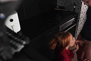 Stepmom gives me a blowjob instead of food. She rides cowgirl in the kitchen with moans.